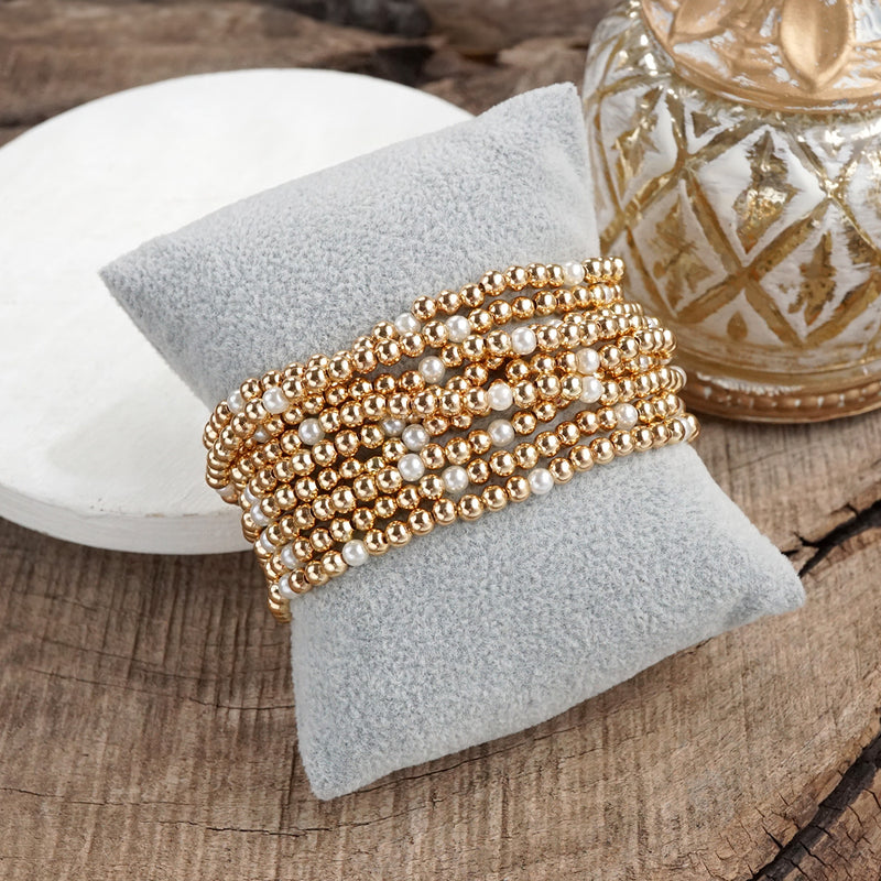 Golden Harmony – Set of 9 Stretchy Bracelets with Pearls and Gold Beads