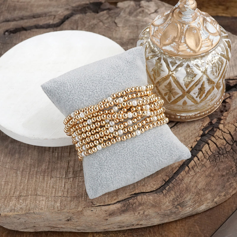 Golden Harmony – Set of 9 Stretchy Bracelets with Pearls and Gold Beads
