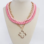 Short Necklace Wooden Beads Clover paperclip chain - Pinks