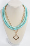 Short Necklace Wooden Beads Clover paperclip chain - Green