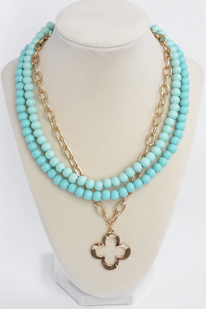 Short Necklace Wooden Beads Clover paperclip chain - Green