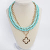 Short Necklace Wooden Beads Clover paperclip chain - Green