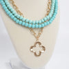 Short Necklace Wooden Beads Clover paperclip chain - Green