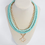 Short Necklace Wooden Beads Clover paperclip chain - Green