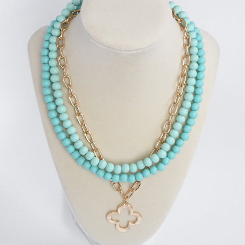 Short Necklace Wooden Beads Clover paperclip chain - Green