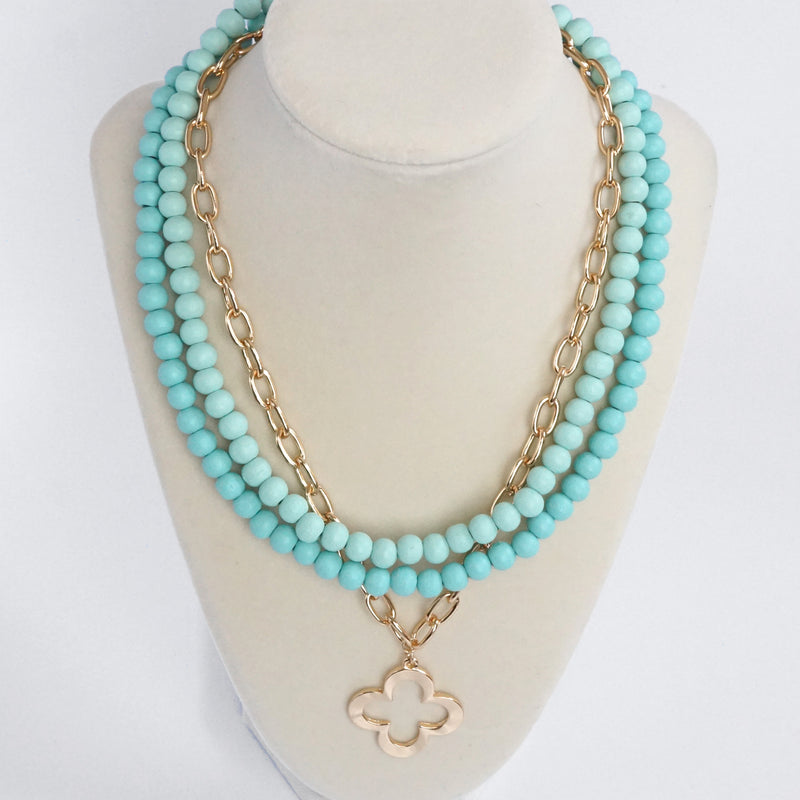 Short Necklace Wooden Beads Clover paperclip chain - Green