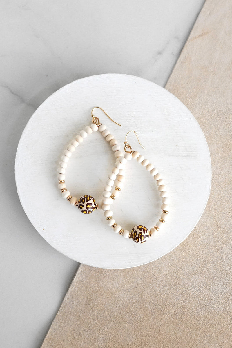 Natural Wood & Gold Beaded Teardrop Earrings Animal Print Cream