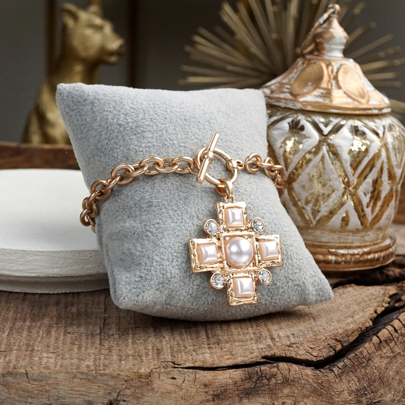 Divine Gleam – Hammered Cross Toggle Bracelet with Pearls & Crystals