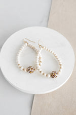 Natural Wood & Gold Beaded Teardrop Earrings Animal Print Cream