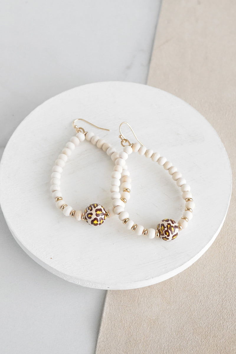 Natural Wood & Gold Beaded Teardrop Earrings Animal Print Cream