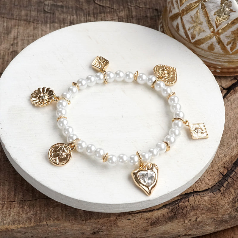 Golden Reverie – Multi-Charm Pearl Stretch Bracelet