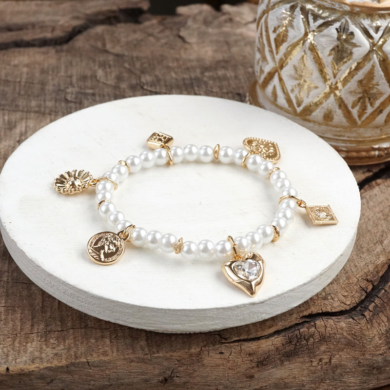 Golden Reverie – Multi-Charm Pearl Stretch Bracelet
