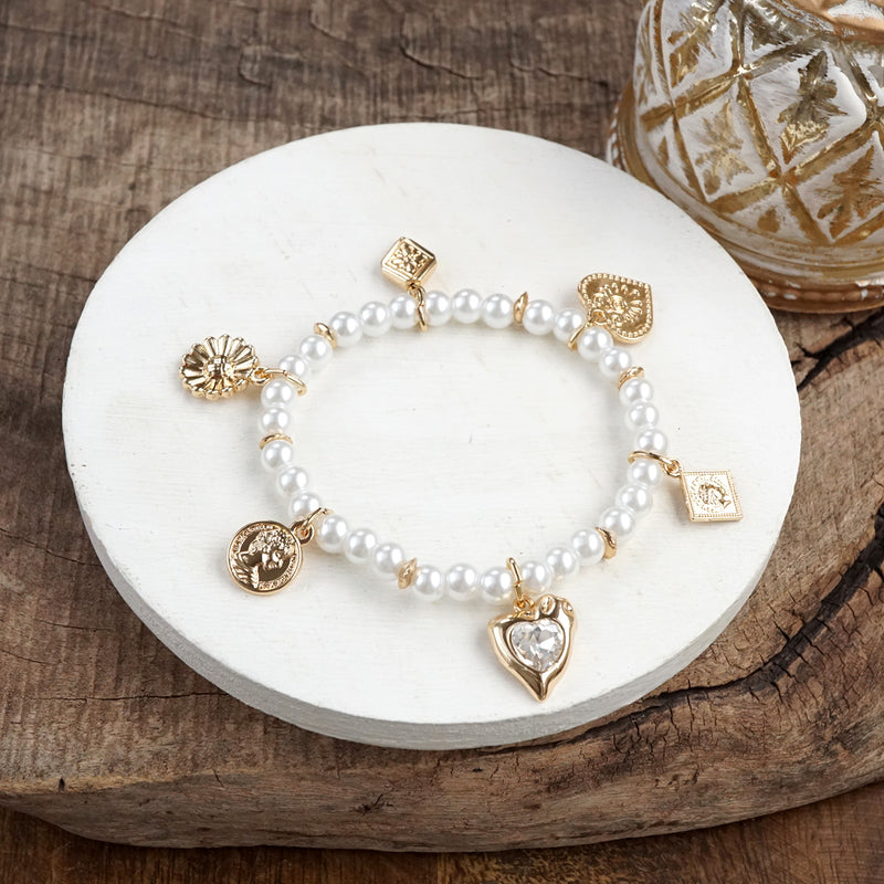 Golden Reverie – Multi-Charm Pearl Stretch Bracelet