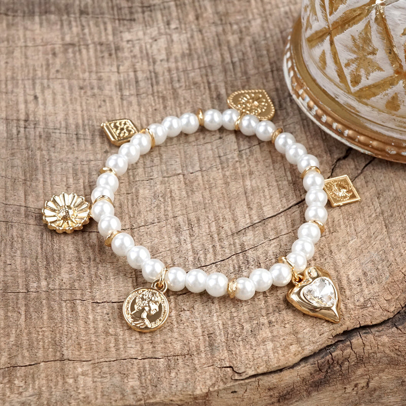 Golden Reverie – Multi-Charm Pearl Stretch Bracelet