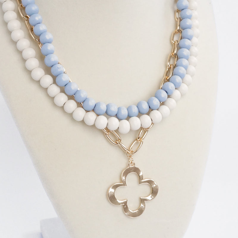 Short Necklace Wooden Beads Clover paperclip chain - Blues