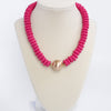 Wood Saucer Beads Short Statement Necklace Gold center Hot Pink Beige Turquoise