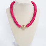 Wood Saucer Beads Short Statement Necklace Gold center Hot Pink Beige Turquoise