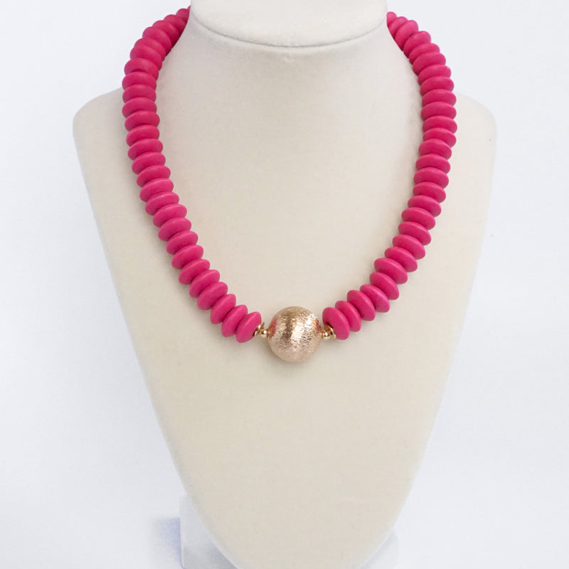 Wood Saucer Beads Short Statement Necklace Gold center Hot Pink Beige Turquoise