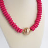 Wood Saucer Beads Short Statement Necklace Gold center Hot Pink Beige Turquoise
