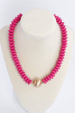 Wood Saucer Beads Short Statement Necklace Gold center Hot Pink Beige Turquoise