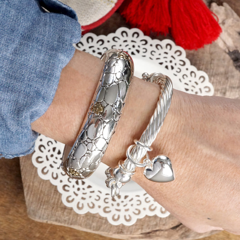Classic Silver Tone Bangle and Toggle Heart Charm Bracelets