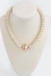 Wood Saucer Beads Short Statement Necklace Gold center Hot Pink Beige Turquoise