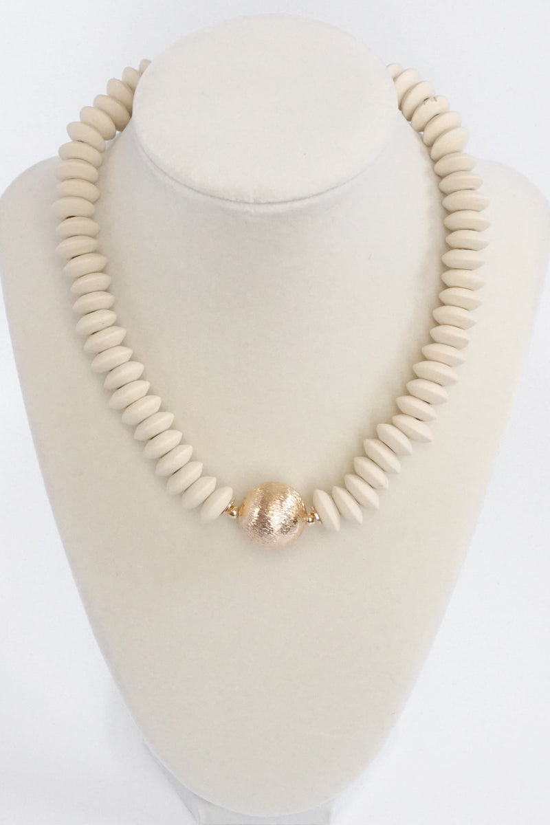 Wood Saucer Beads Short Statement Necklace Gold center Hot Pink Beige Turquoise