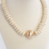 Wood Saucer Beads Short Statement Necklace Gold center Hot Pink Beige Turquoise