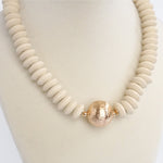 Wood Saucer Beads Short Statement Necklace Gold center Hot Pink Beige Turquoise