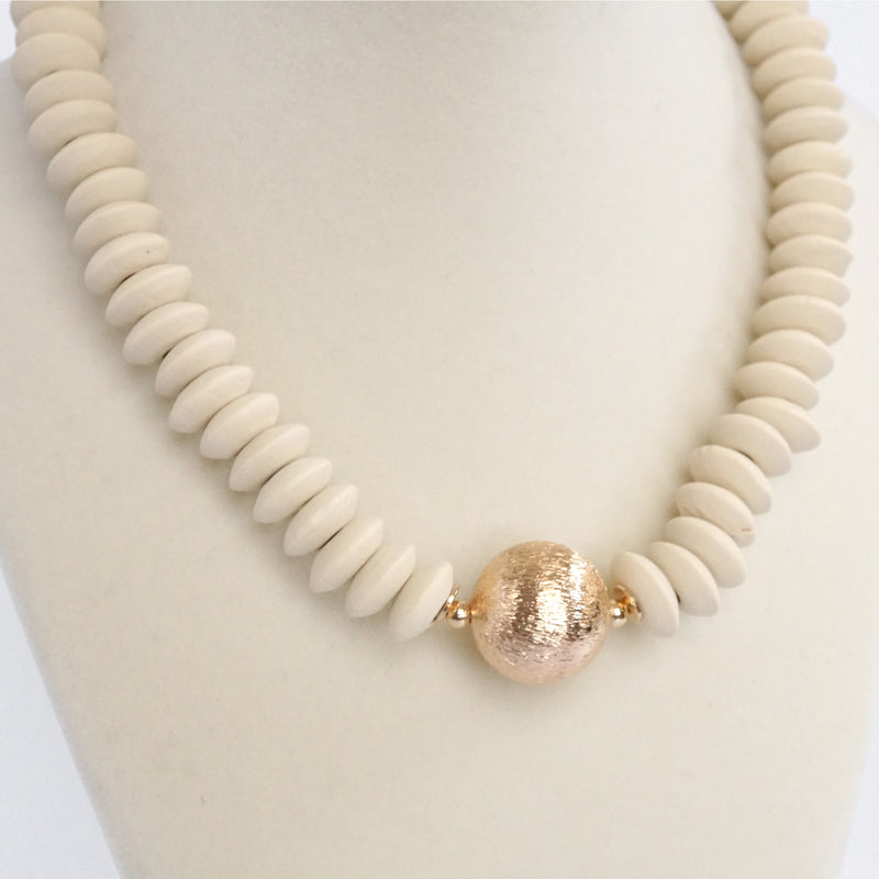 Wood Saucer Beads Short Statement Necklace Gold center Hot Pink Beige Turquoise