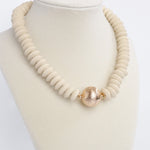 Wood Saucer Beads Short Statement Necklace Gold center Hot Pink Beige Turquoise