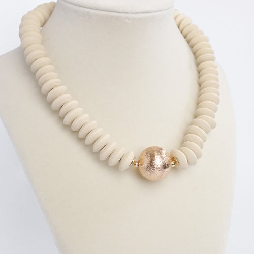 Wood Saucer Beads Short Statement Necklace Gold center Hot Pink Beige Turquoise