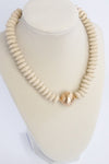 Wood Saucer Beads Short Statement Necklace Gold center Hot Pink Beige Turquoise