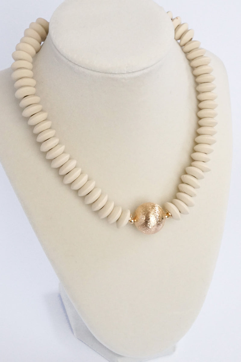Wood Saucer Beads Short Statement Necklace Gold center Hot Pink Beige Turquoise