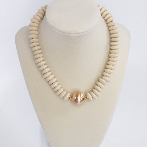 Wood Saucer Beads Short Statement Necklace Gold center Hot Pink Beige Turquoise