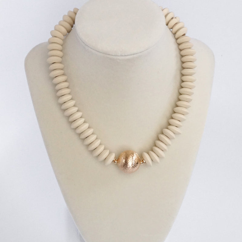Wood Saucer Beads Short Statement Necklace Gold center Hot Pink Beige Turquoise