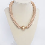 Wood Saucer Beads Short Statement Necklace Gold center Hot Pink Beige Turquoise