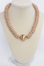 Wood Saucer Beads Short Statement Necklace Gold center Hot Pink Beige Turquoise