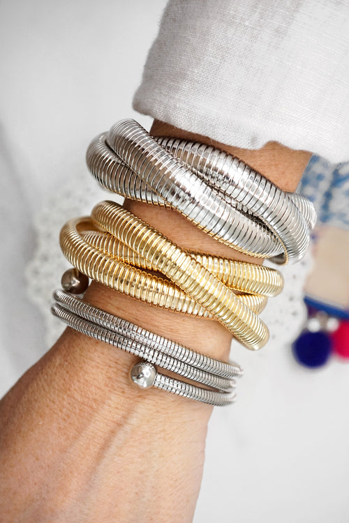 Silver tone triple strand flexy stretchy bracelet bangle watch band Snake chain