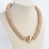 Wood Saucer Beads Short Statement Necklace Gold center Hot Pink Beige Turquoise