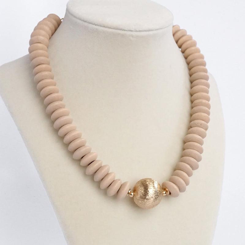 Wood Saucer Beads Short Statement Necklace Gold center Hot Pink Beige Turquoise
