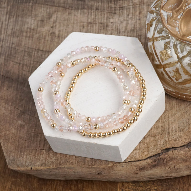 Glass Gleam – Set of 4 Faceted Glass & Gold Bead Stretch Bracelets