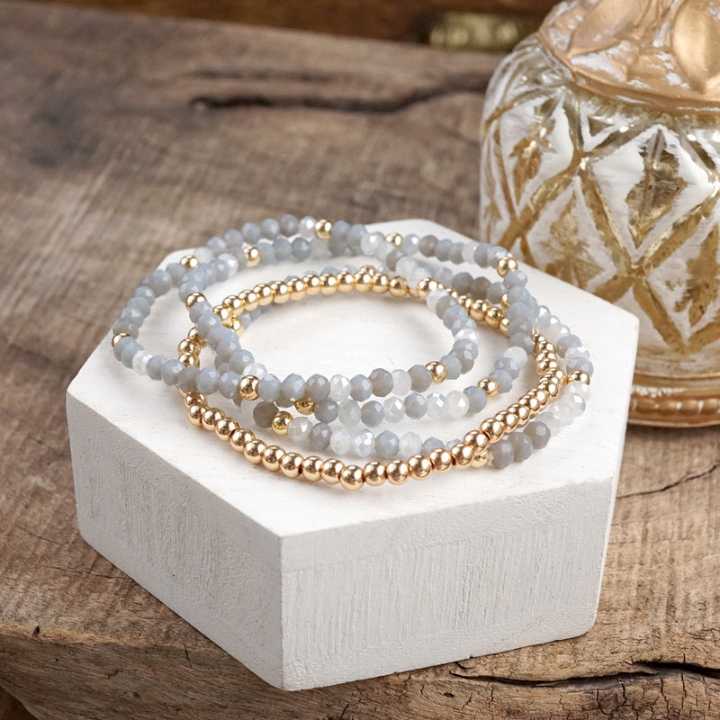 Glass Gleam – Set of 4 Faceted Glass & Gold Bead Stretch Bracelets