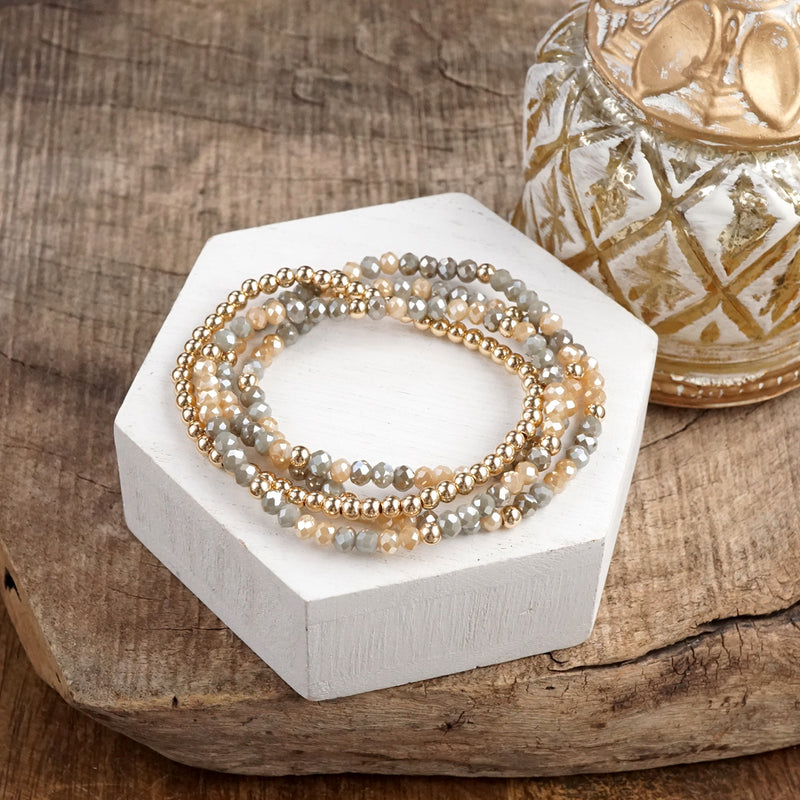 Glass Gleam – Set of 4 Faceted Glass & Gold Bead Stretch Bracelets