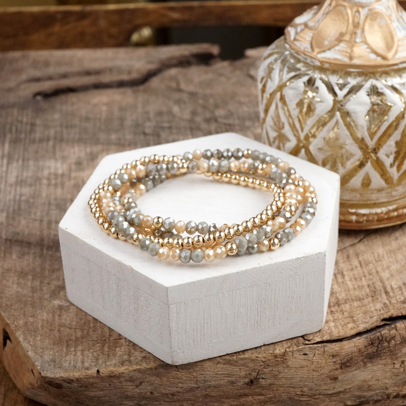 Glass Gleam – Set of 4 Faceted Glass & Gold Bead Stretch Bracelets