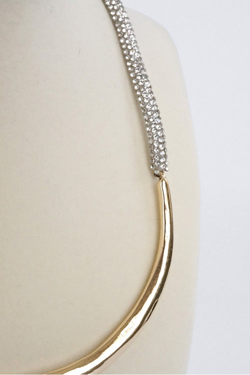 Crescent bar and Paved rope Statement Necklace Gold tone and clear crystals