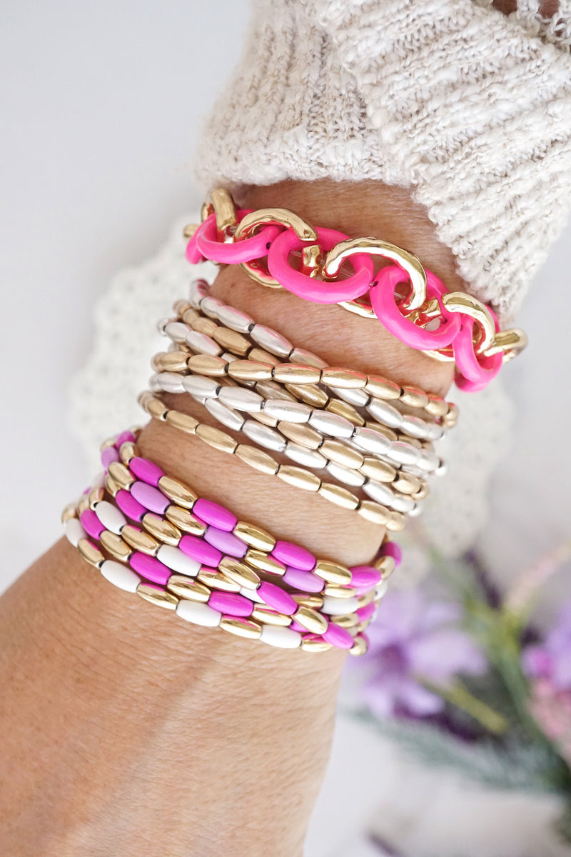 Metal Beaded bracelet stack 5 bracelets - Pinks