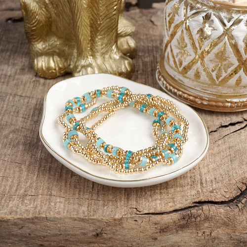Aqua Glow – Beaded Bracelet Stack in Gold and Cool Blues (Set of 5)