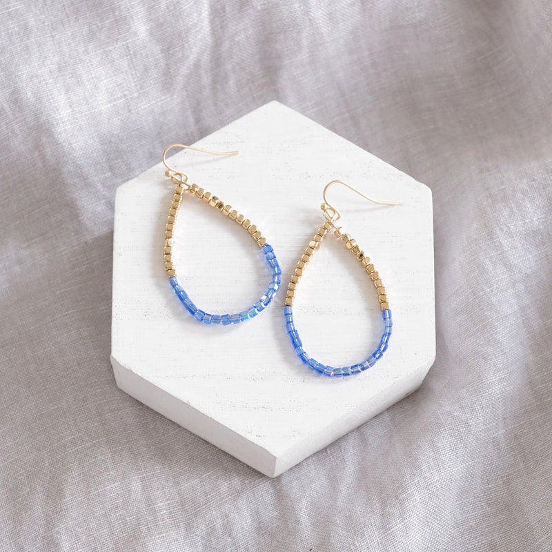Glass & Gold Beaded Teardrop Earrings - Gold, Purple, Blue, Neutral
