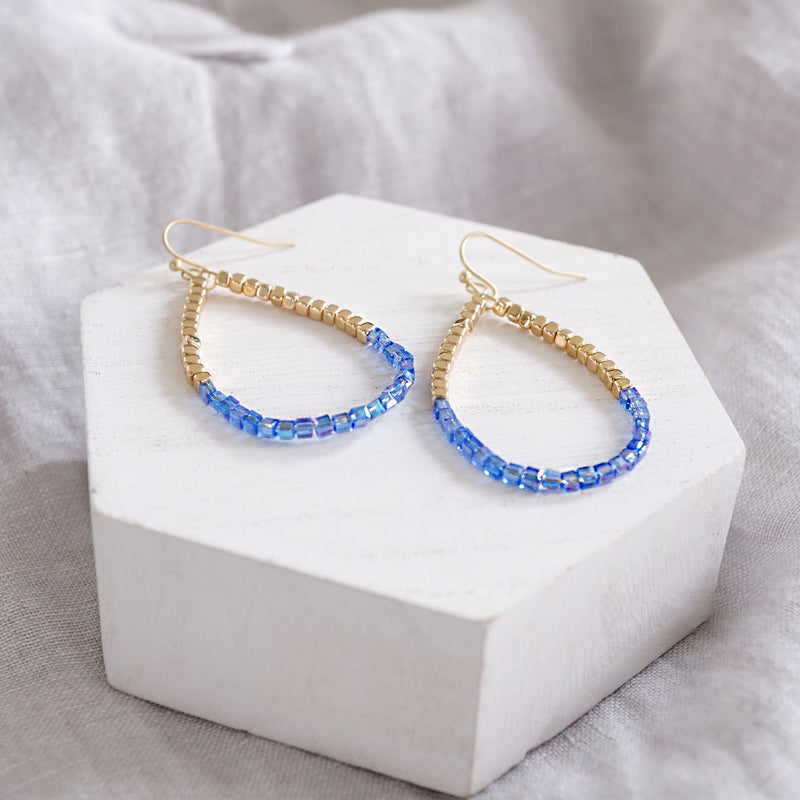 Glass & Gold Beaded Teardrop Earrings - Gold, Purple, Blue, Neutral